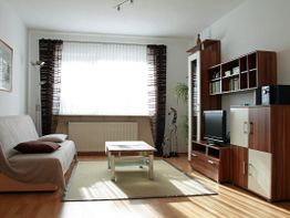Modernes Wohnzimmer mit Sofa, Teppich, Regal und Fernseher, beleuchtet von einem großen Fenster.