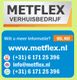 Metflex verhuisbedrijf contactinformatie: website, telefoonnummer, e-mail, en belknop op blauwe achtergrond.