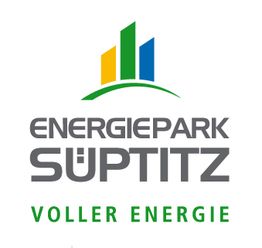 Logo von Energiepark Süptitz, mit bunten Balken und dem Slogan "Voller Energie".