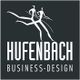 Logo mit tanzenden Figuren über dem Text "Hufenbach Business-Design" auf dunklem Hintergrund.