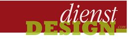Logo mit rotem Hintergrund und Text "dienst DESIGN .com" in Weiß und Olivgrün.