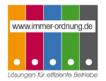 Bunte vertikale Balken, Text "www.immer-ordnung.de", "Lösungen für effiziente Betriebe".
