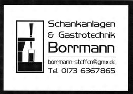 Bierglas und Zapfhahn, Text: "Schankanlagen & Gastrotechnik Borrmann, Kontakt: Telefonnummer".