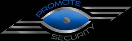 Blaues Auge mit Schriftzug "Promote Security" und Flügeln auf schwarzem Hintergrund.