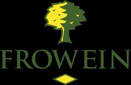 Logo met groene boom en tekst "Frowein" op zwarte achtergrond. Gele ruit onder de tekst.