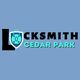 Locksmith Cedar Park logo with a padlock graphic on a blue background.