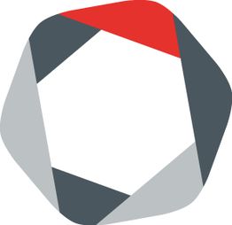 Abstraktes Fünfeck-Logo mit grauen und roten Segmenten auf weißem Hintergrund.