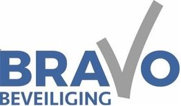 Logo met tekst "BRAVO BEVEILIGING" en een grijze vink in de letter "V".