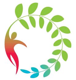 Buntes Blatt-Logo mit stilisierter Figur und grünen Blättern in einem Kreis, Symbol für Wachstum.