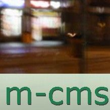 Verschwommenes Stadtbild im Hintergrund, "m-cms" in grüner Schrift im Vordergrund.