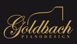 Schwarzes Logo mit goldener Schrift "Goldbach Pianodesign" und stilisiertem Flügelumriss.