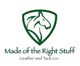 Logo with a horse silhouette in green. Text: "Made of the Right Stuff, Leather and Tack Co."