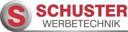 Rotes S in einem Kreis, daneben der Text „SCHUSTER WERBETECHNIK“ in Rot und Grau.