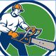 Illustration of a person in safety gear using a chainsaw, set against a green circle background.