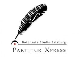 Feder mit Noten, Text: Notensatz Studio Salzburg, Partitur Xpress.