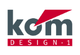Logo mit Text "kom DESIGN 1" in Grau und Rot, ein rotes Dreieck über dem Buchstaben "o".