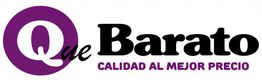 Logo de "Que Barato" en fondo blanco, con lema "Calidad al mejor precio" en letras moradas.