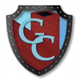 Shield logo with red chimney and overlapping blue "C" letters.
