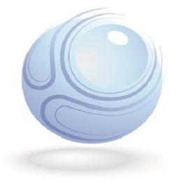 Glossy blue sphere with swirling patterns casting a soft shadow below.