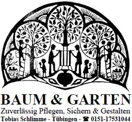 Baumschnitt-Silhouette mit Personen, Text: "BAUM & GARTEN, Zuverlässig Pflegen, Sichern & Gestalten".