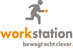 Logo mit laufender Figur, Schriftzug "workstation" und Slogan "bewegt.echt.clever."