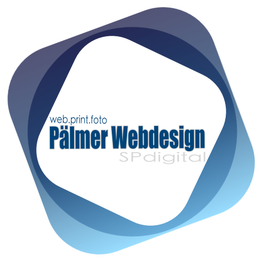 Logo von Pälmer Webdesign: Blauer Hintergrund mit Text "web.print.foto" und "SPdigital".