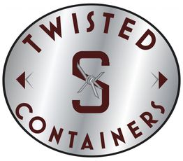 Logo with "Twisted Containers" text encircling a barbed wire "S" on a metallic background.