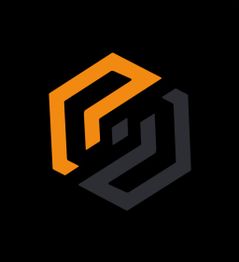 Logo hexagonal orange et noir sur fond noir.