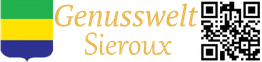 Wappen, Text "Genusswelt Sieroux" und QR-Code neben einem Banner in Grün, Gelb und Blau.