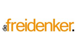 Text: "die freidenker." in orange und schwarz auf weißem Hintergrund.
