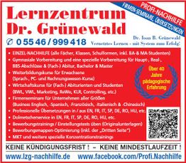 Werbung des Lernzentrums Dr. Grünewald mit Nachhilfeangeboten und Kontaktdaten.