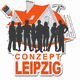 Schattenrisse von Menschen vor einem Haus mit oranger Schrift: "Conzept Leipzig".