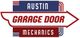 Logo for Austin Garage Door Mechanics in red, white, and blue with arrow shape.
