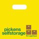 Gelbe Tasche mit "pickens selfstorage" Logo und drei Kisten, Text: "Ihr Lagerhaus".
