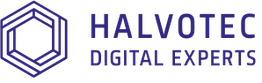 Logo von Halvotec mit sechseckigem Symbol und dem Text "Digital Experts" in lila.