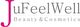 Logo mit Text "JuFeelWell Beauty & Cosmetics" in Grau und Pink.