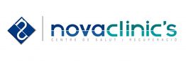 Logotipo de Novaclinic's, centro de salud y recuperación, en tonos azul y turquesa.