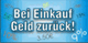 Blaues Banner mit Text: "Bei Einkauf Geld zurück!" und Zahlen wie 5€, 10€, 15% im Hintergrund.