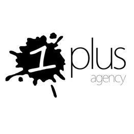 Logo mit schwarzem Klecks und Text "1 plus agency" in Schwarz und Grau auf weißem Hintergrund.