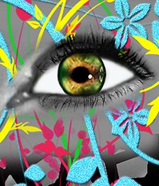 Ein Auge mit grüner Iris, umgeben von bunten Blumen und Mustern auf grauem Hintergrund.