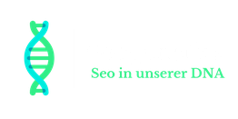 DNA-Helix und Text "Seogenetics: Seo in unserer DNA" auf weißem Hintergrund.