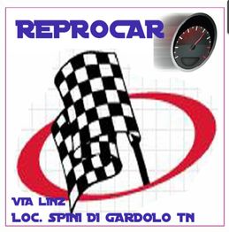 Logo Reprocar: bandiera a scacchi, contachilometri, testo "Via Linz, Loc. Spini di Gardolo TN".