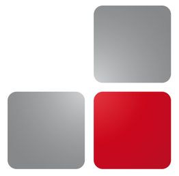 Drei quadratische Formen: zwei graue oben, eine rote unten rechts.