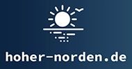 Logo mit Sonne, Wellen und Möwe, Text: "hoher-norden.de" auf blauem Hintergrund.