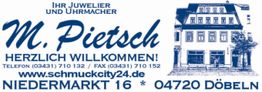 „Werbeplakat M. Pietsch, Juwelier in Döbeln, Niedermarkt 16, mit Gebäudeabbildung und Kontaktdaten.“