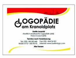 Besuchskarte: Logo "Logopädie am Kranoldplatz" mit Kontaktinformationen und rotem Akzent.