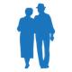 Silhouette of an elderly couple walking together, depicted in blue.