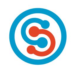 Blue and red interconnected curves forming an "S" inside a blue circle.