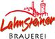 Logo der Lahmsteiner Brauerei mit rotem Schriftzug und stilisiertem Gebäude im Hintergrund.