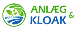 Logo med planteikon og teksten "ANLÆG & KLOAK" i grøn og blå farve.
